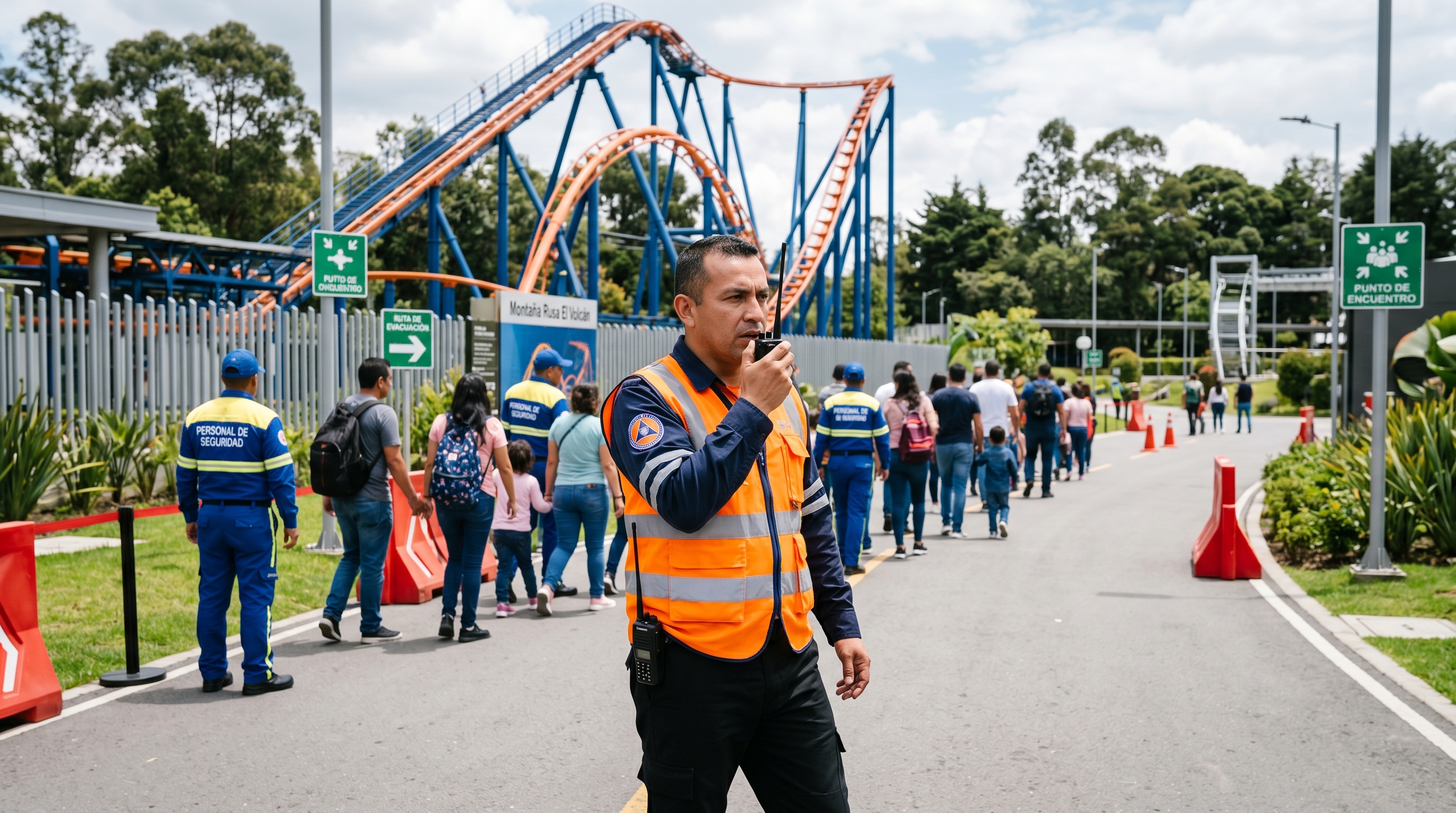Coordinador dirigiendo simulacro de evacuación en parque